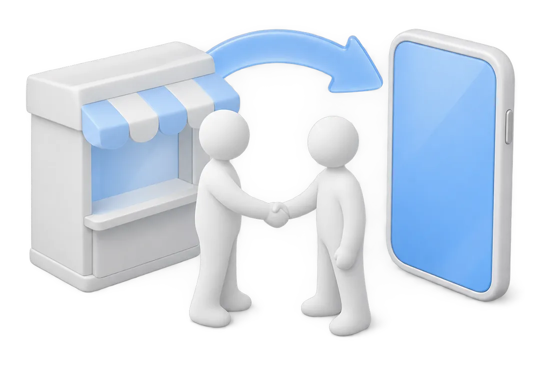 Two figurines shake hands between a storefront and a phone, an arrow leads from the store to the phone
