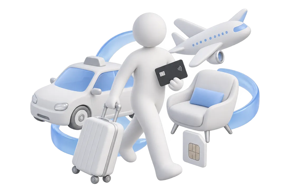 A figurine with a suitcase and a card among a taxi, a lounge chair, a SIM card and a plane