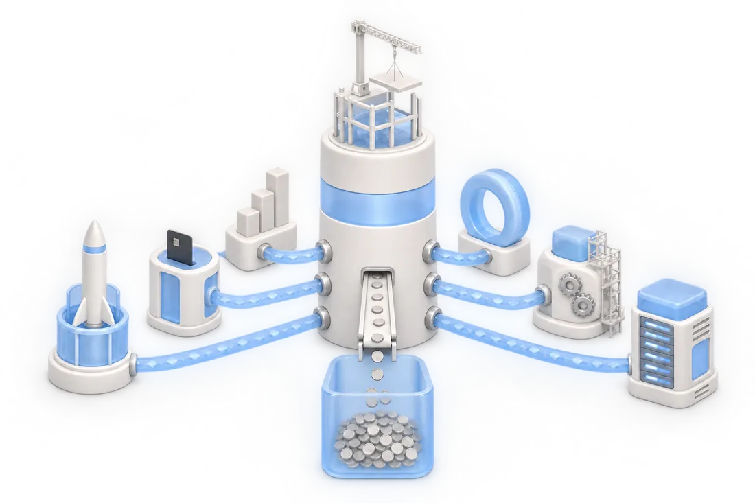 A profit factory: six different source modules (a rocket, a card terminal, a rising bar chart, a loop, a workshop with gears, a server) each send coins through their own coloured pipe into one central tower; a conveyor pours the coins into an open glass vault, and a crane adds a new floor on the roof