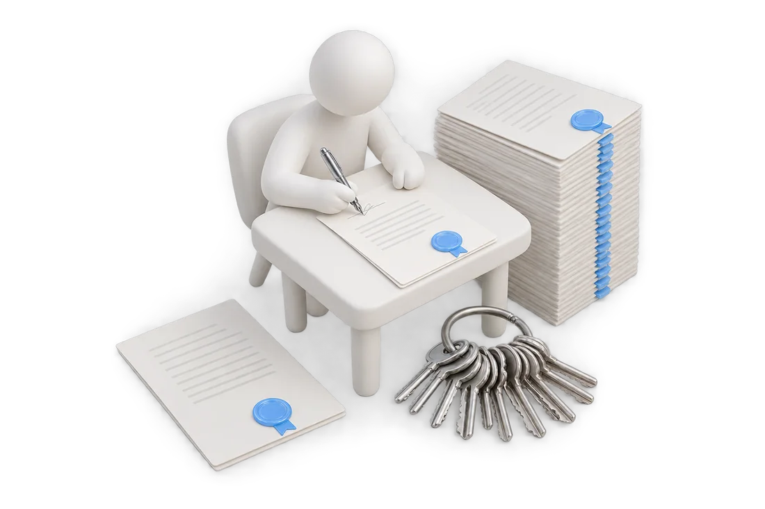 A figurine signs one of many sealed contracts; a heavy key ring lies on the desk
