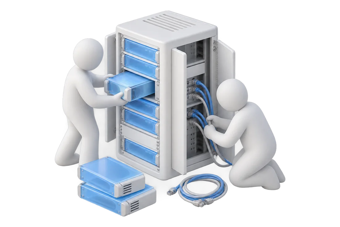 Two figurines assemble a half-built server rack, one slides in a module, the other connects cables