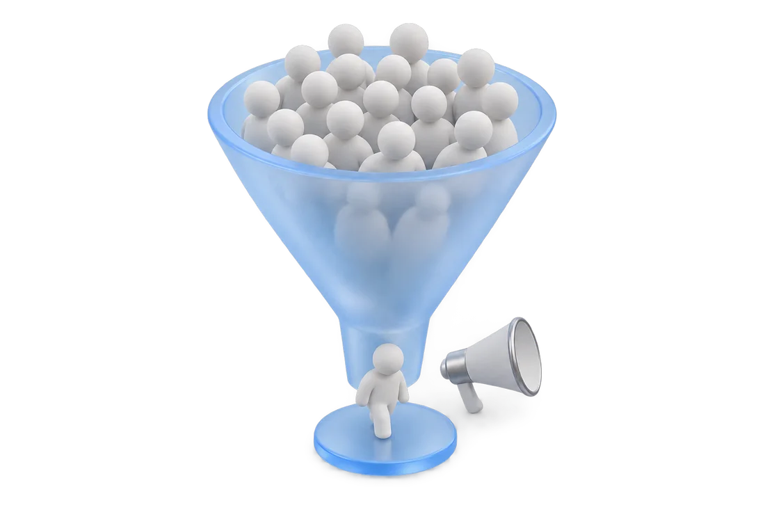 A glass funnel full of figurines; only one comes out at the bottom, with a megaphone beside it