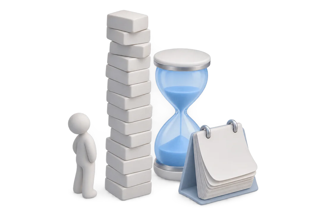 A figurine looks up at a stack of bricks twice its height, next to an hourglass and a tear-off calendar